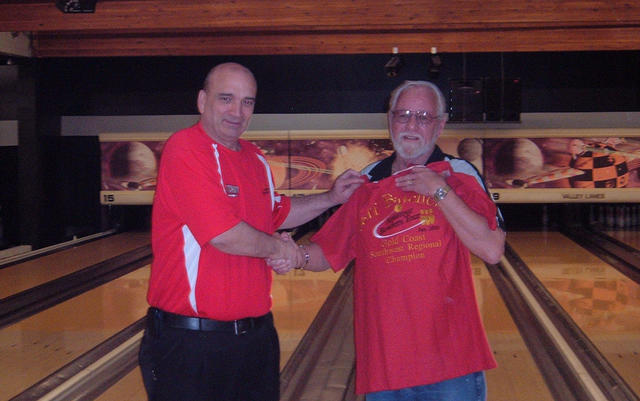 VALLEY LANES FEB. 21, 2010  Jeff Batchelor receiving his Southwest Regional Champion shirt from Myron Mitchell