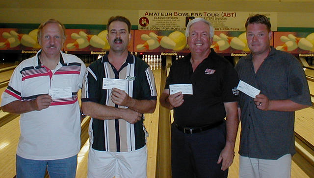 DELTON LANES CLASSIC DIV. WINNERS Oct. 9th & 10th, 2004: (L to R)Mike Smith 4th, Mark Cornett 2nd, Lynn Champagne CHAMPION,