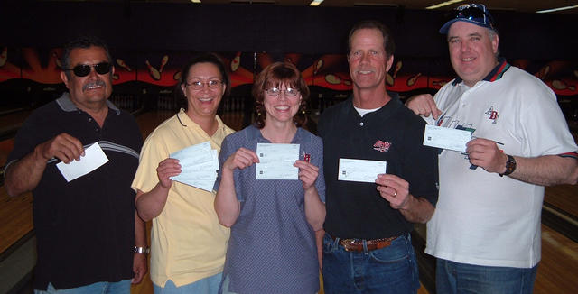 AMF RITZ TOURNAMENT WINNERS
MAY 6 & 7, 2006
(L to R) Mike Ruiz 4th, 
Kelly Leger 2nd,
Terri Bedford CHAMPION, 
Lonnie R