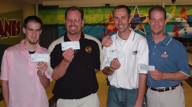 ALLSTAR LANES SCRATCH WINNERS 6-18-05(L to R) Justin Sanchez 3rd, Craig Harrington 2nd, Clay Rees CHAMPION, Chuck Groat 3rd